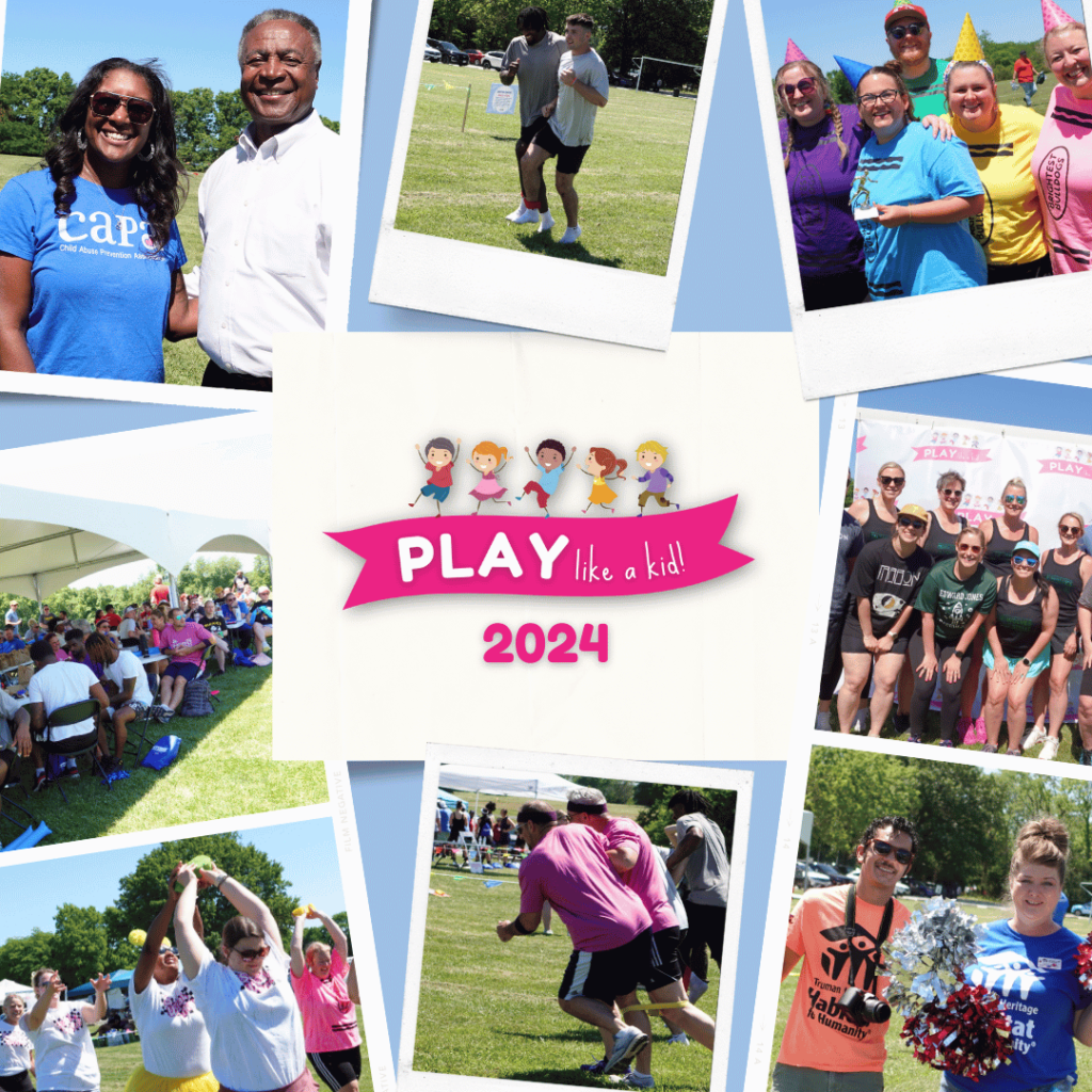 A collage of photos from the "Play Like a Kid! 2024" event shows adults engaging in various outdoor activities, including a three-legged race, group exercises, and team photos. Participants are smiling and having fun, wearing colorful outfits and event-themed T-shirts. The central image features a banner with cartoon children and the event's name and year. The event appears to be well-attended, with tents and an audience visible in the background.