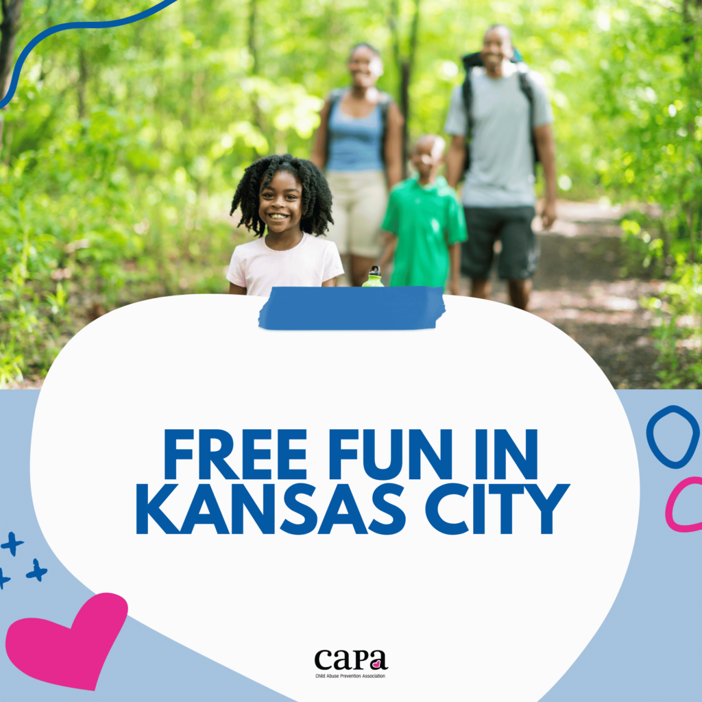 A family is walking down a hiking trail in the woods. Overlay text says "Free Fun in Kansas City."