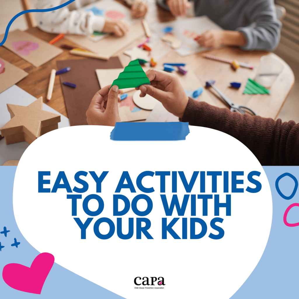 Children engaging in a craft activity at a table with various colored paper and crafting supplies. Text overlay reads, "Easy Activities to Do with Your Kids."