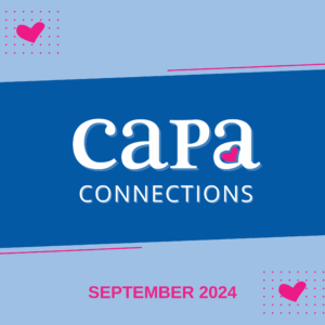 CAPA Connections September 2024 on a blue background with pink hearts