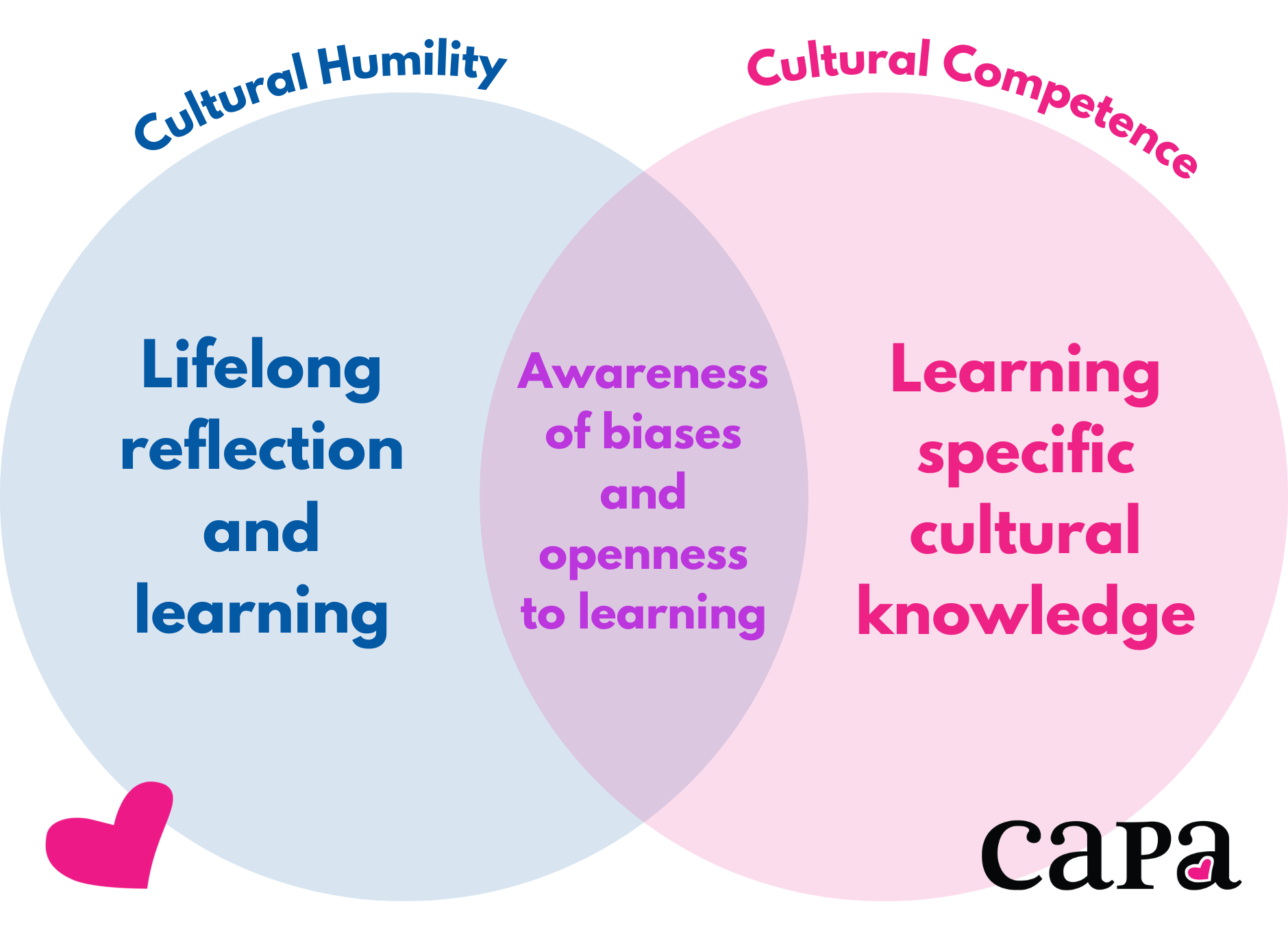 The image is a Venn diagram comparing "Cultural Humility" and "Cultural Competence." - The left circle, labeled "Cultural Humility," is filled with light blue and contains the text: "Lifelong reflection and learning." - The right circle, labeled "Cultural Competence," is filled with light pink and contains the text: "Learning specific cultural knowledge." - In the overlapping middle section, which is light purple, the text reads: "Awareness of biases and openness to learning." - At the bottom left of the image, a small pink heart is visible. - The bottom right corner features the "CAPA" logo. This diagram highlights the differences and commonalities between the two concepts.