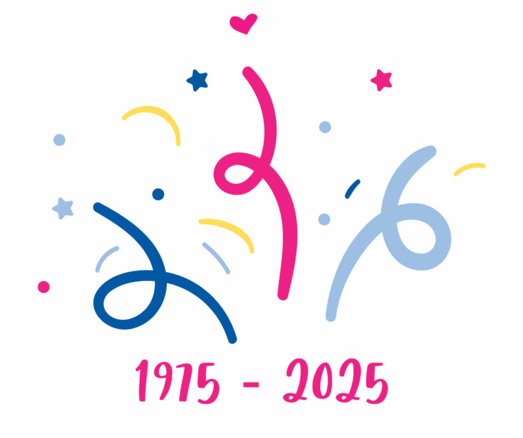 Blue, pink, and yellow streamers, hearts, and stars with "1975-2025" written beneath in pink font.