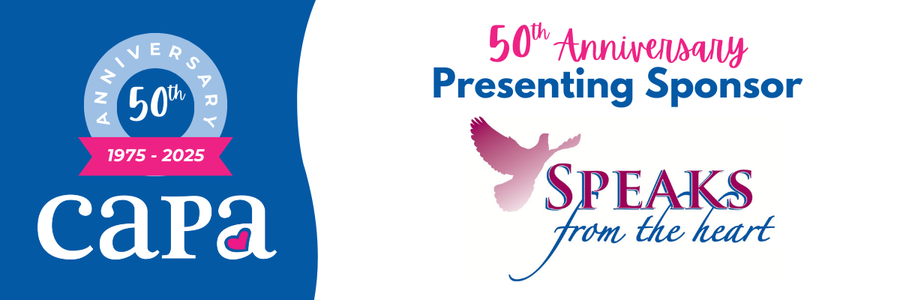 CAPA 50th Anniversary logo on the left, featuring a blue background with a circular emblem that reads '50th Anniversary 1975-2025.' The CAPA logo is below with a small heart incorporated into the letter 'a.' On the right, text reads '50th Anniversary Presenting Sponsor' in pink and blue. Below, the 'Speaks from the Heart' logo features a pink dove in flight and elegant script text.