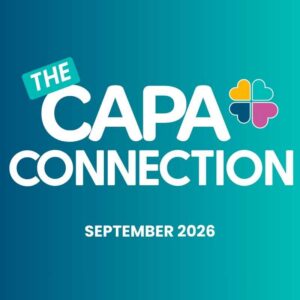 CAPA Connections September 2026 on a blue-green background with the CAPACares heart mark in yellow, dark blue, green, and pink.